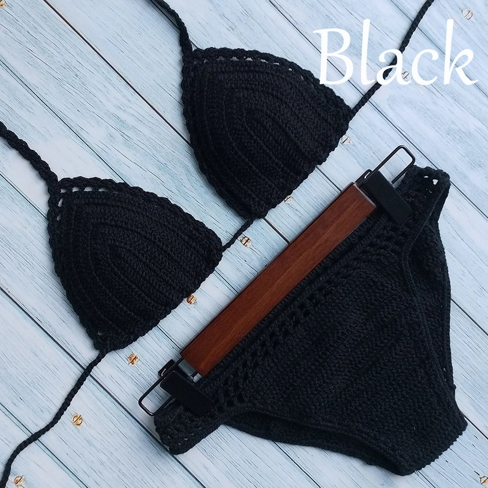 Have Lining Chest Pad Micro Bikini Set Women Crochet Sexy Swimsuit Solid Bikini Backless Swimwear Low Waist Bathing Suit Female