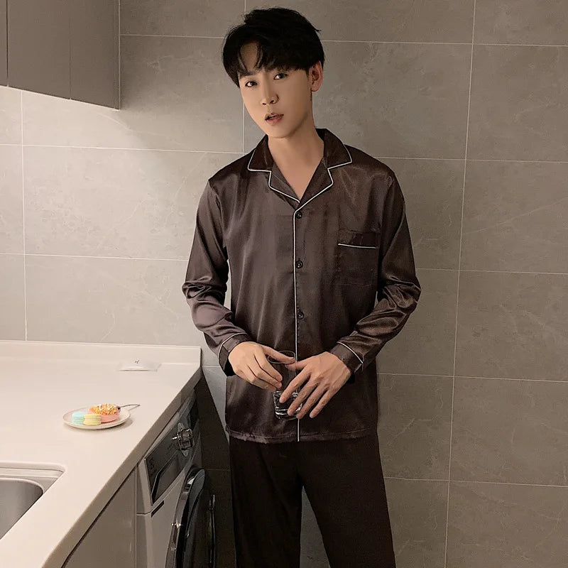 Solid Color Sleepwear Silk Satin Pajamas Couple Set Long Button-Down Pyjamas Suit Pijama Women Men Loungewear Plus Size Pj Set