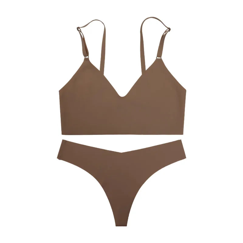 Hot Sale Ladies' V-Neck Style Wire-Free Seamless Underwear Set With Briefs Women Underwear Bras And Panties Set