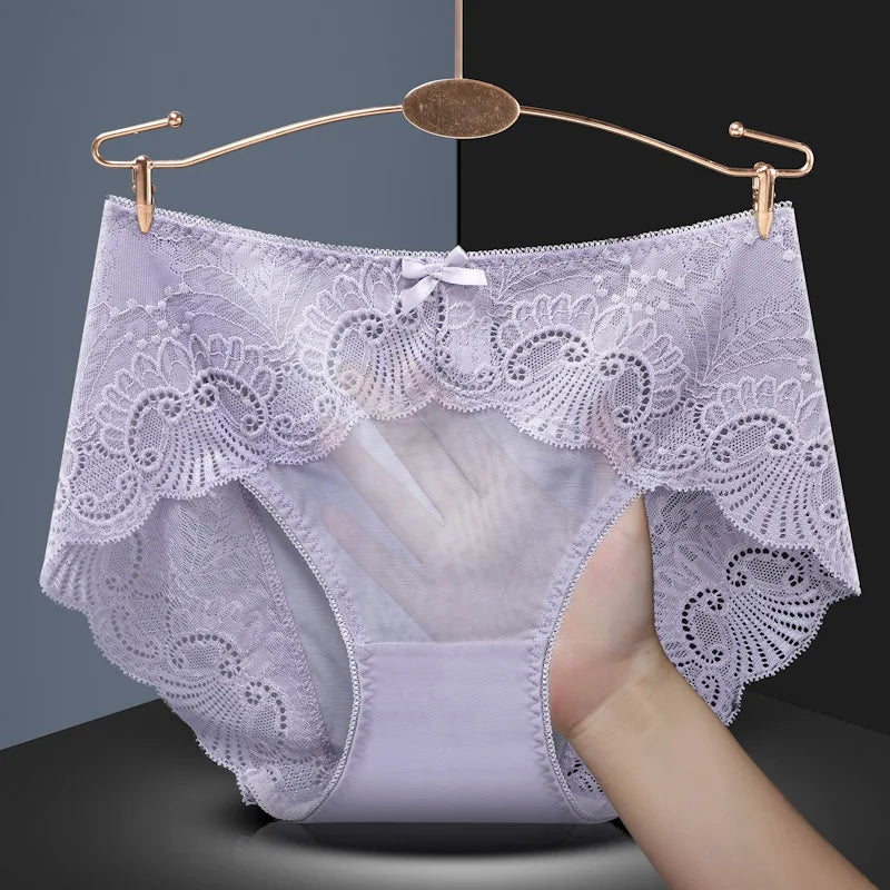 Sexy Thin Breathable Women Underwear Lace Hollow Transparent Middle Waist Female Panties Mesh Cotton Crotch Breifs Lingerie