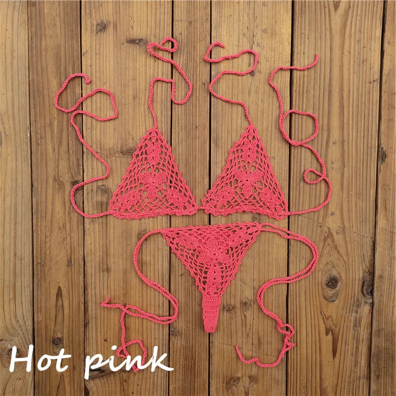 13 Color Handmade Bikini Sets Crochet Black Lace Thong String Swimwear Sunbathing Swimsuit