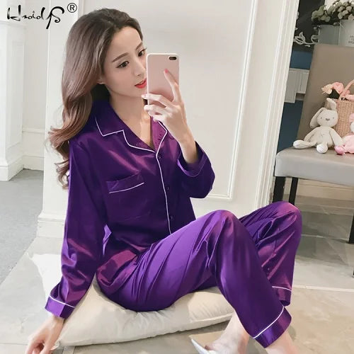 Womens Silk Satin Pajamas Pyjamas Set Long Sleeve Sleepwear Pijama Pajamas Suit Female Sleep Two Piece Set Loungewear Plus Size