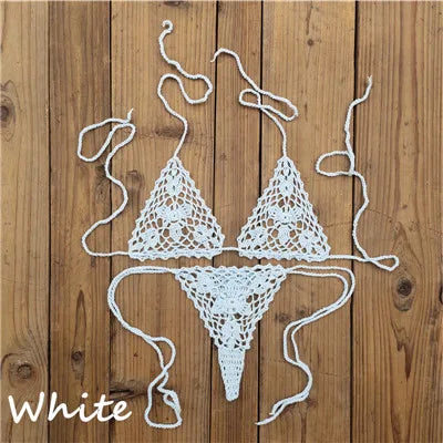 13 Color Handmade Bikini Sets Crochet Black Lace Thong String Swimwear Sunbathing Swimsuit