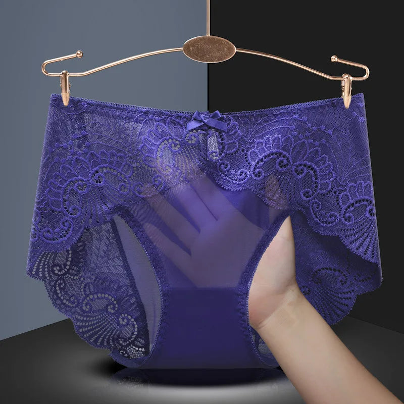 Sexy Thin Breathable Women Underwear Lace Hollow Transparent Middle Waist Female Panties Mesh Cotton Crotch Breifs Lingerie