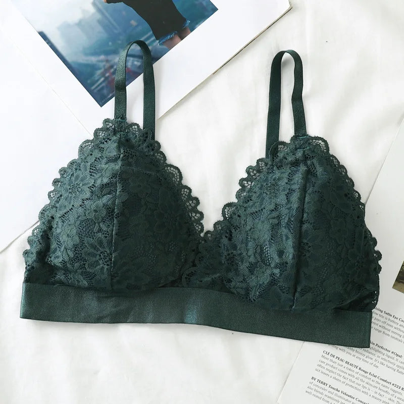 Lace Triangle Bralette Women"s Scalloped Lace Trim Bra Soft Thin Strap Underwear Backless Light Support Bra Sexy Lingerie