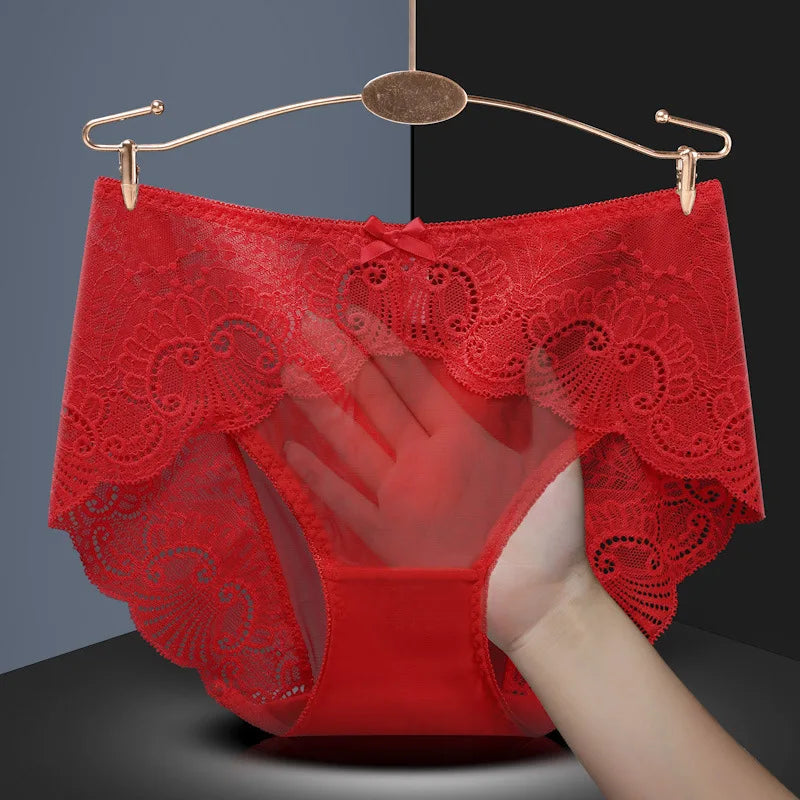 Sexy Thin Breathable Women Underwear Lace Hollow Transparent Middle Waist Female Panties Mesh Cotton Crotch Breifs Lingerie