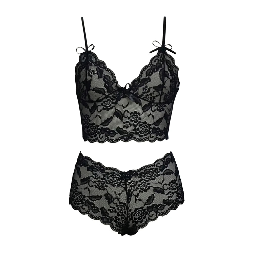 Sexy Sheer Lingerie Underwear Set Women Transparent Lace Bra Set 2023 Vest Camisole Crop Top Panties Outfits Shorts Sleepwear