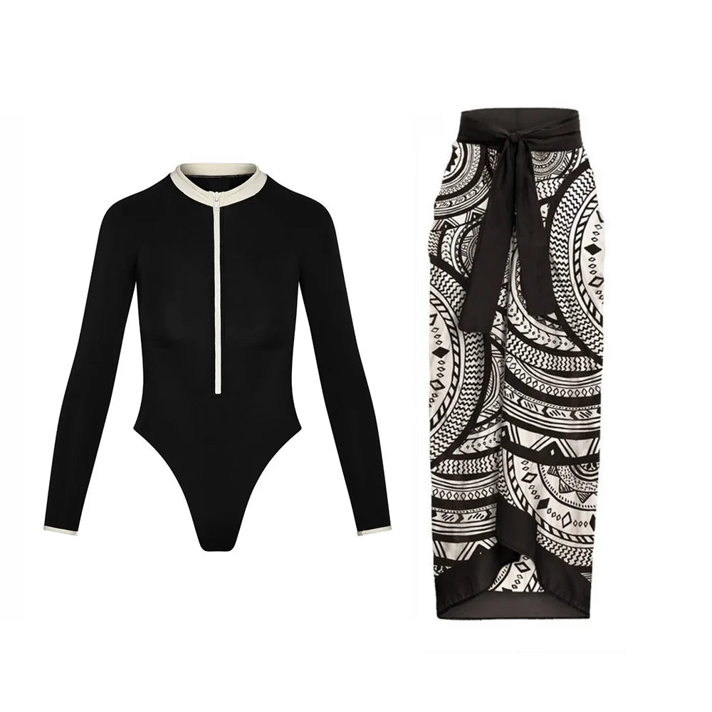 Vintage Mesh Print Swimming Suit for Women Long Sleeve High Waist One Piece Swimsuit 2025 Beach Bathing Suit Купальник