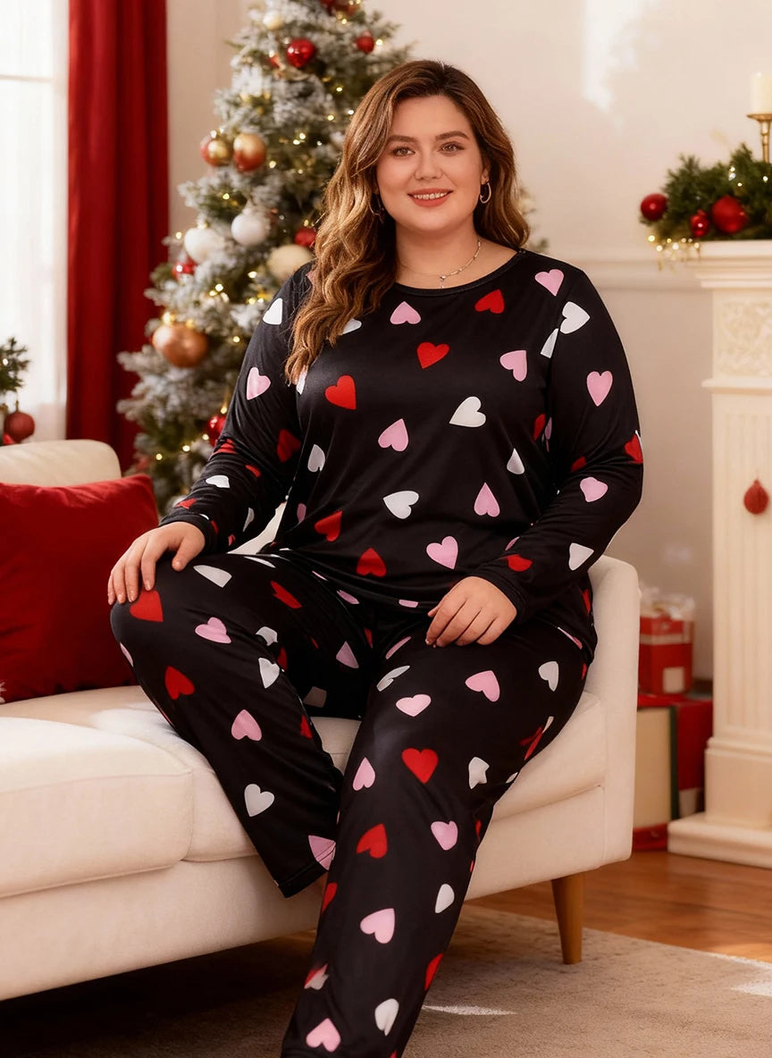 Autumn and winter plus-size women's Valentine's Day long-sleeved top with heart print + long pants pajamas home wear set