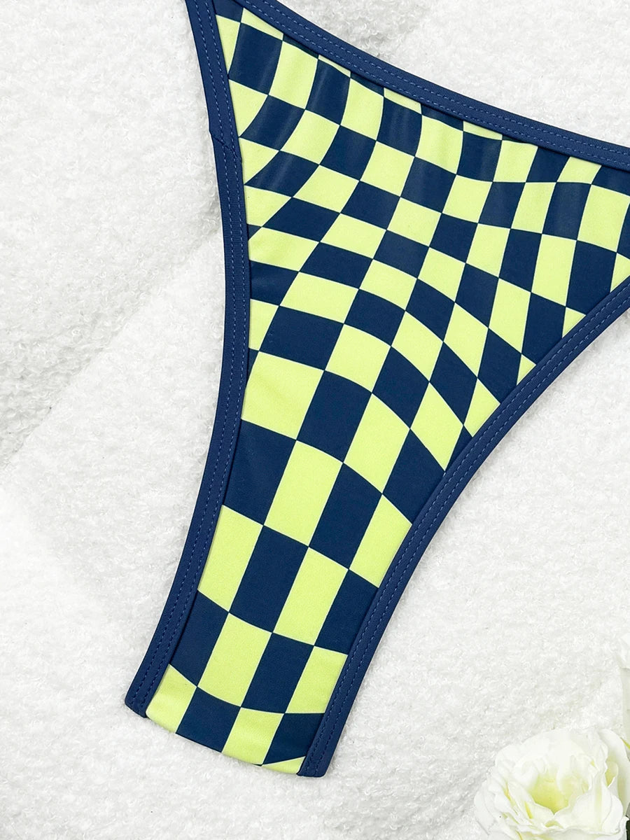 Sexy Swimsuit 2026 New Micro Bikini Women Plaid Swimwear Gold Ring High Leg Two Piece Bathing Suit Strappy Beachwear Biquini