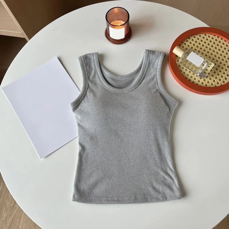 Women Solid Basic T-shirts Summer Vest Bra Tops With Pad Streetwear Y2K Elastic Rib-Knit Sleeveless Casual Tank Tops Female