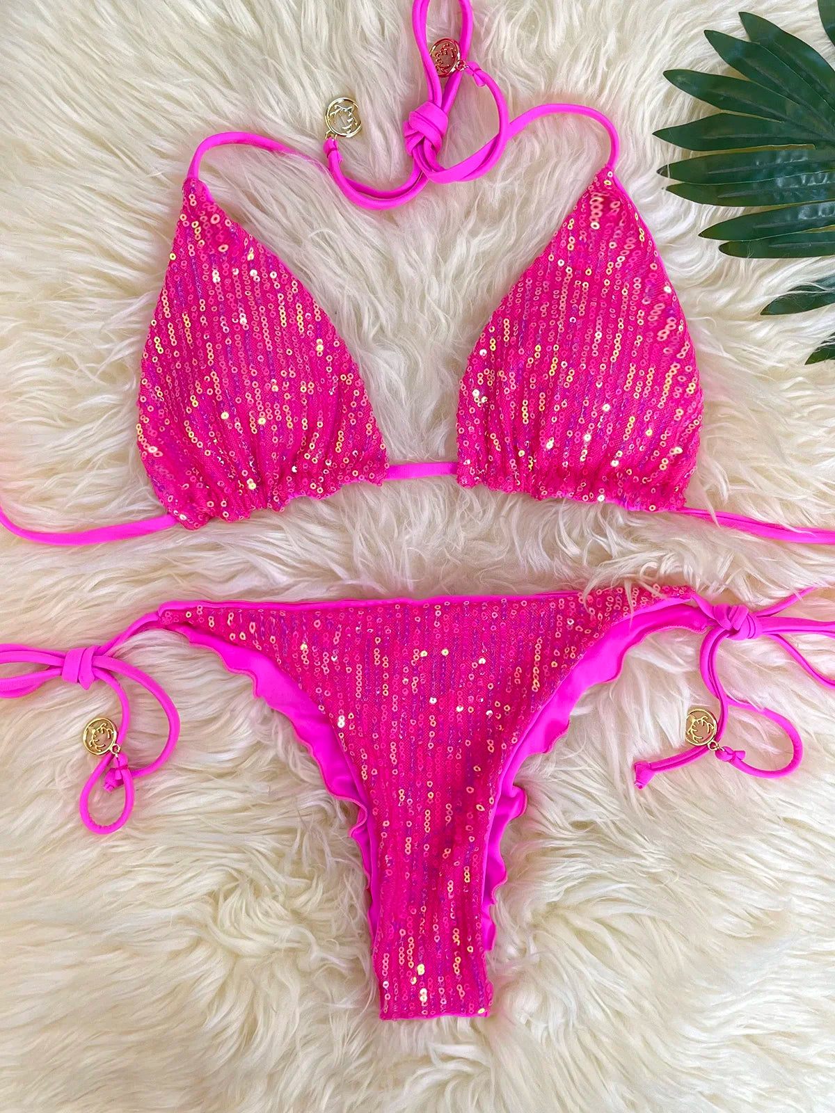 Melphieer Swim 2pcs Women's Summer Beach Holiday Ruching Bum Sequins Sparkle Glitter Plain Halter Strap Bikini Swimwear Set
