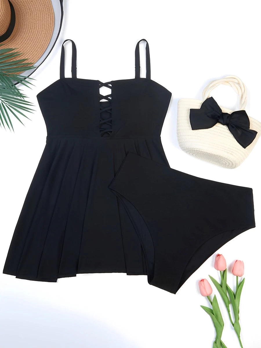 2026 Large Size Hollow Out Tankini 2 Pieces Swimsuit Women High Waist Swimwear Female Bathing Swimming Swim Suit Beach Bathers