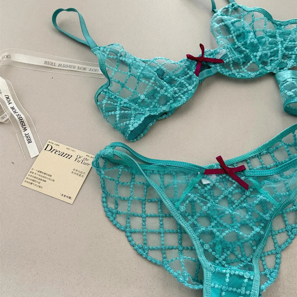 Bra + Panties + Garter, Lace Ultrathin Transparent Push Up Women Sexy Sleep Underwear Sets Lattice Push Up Young Girls Blue