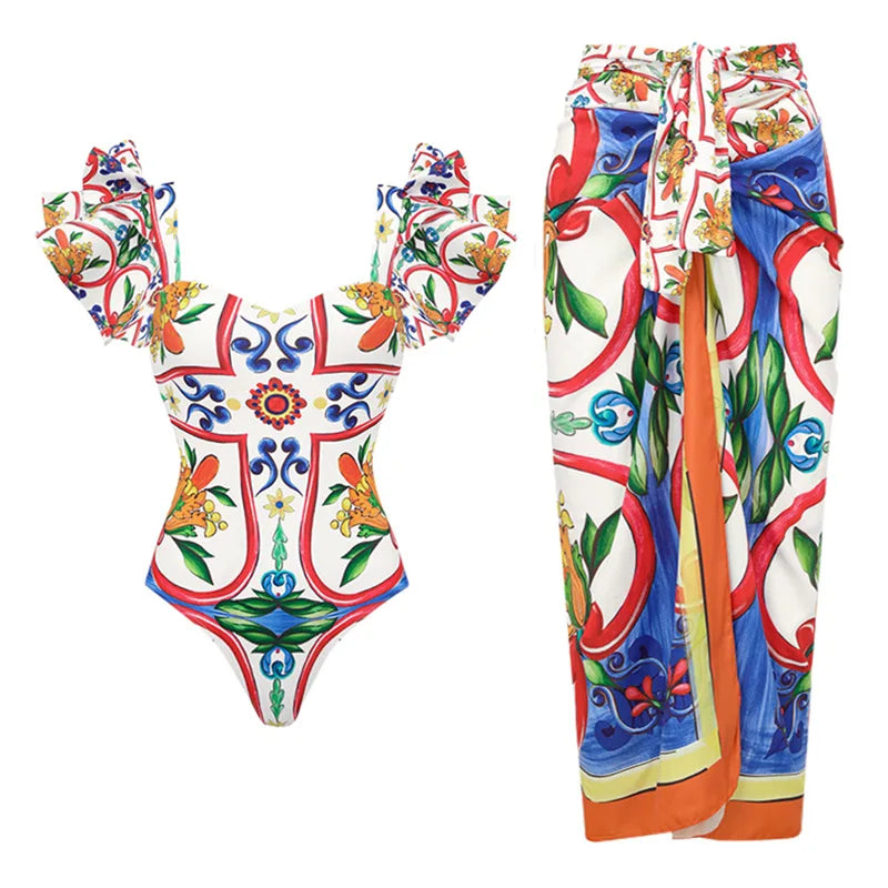 2025 New 2-Piece Shoulder Ruffle Swimsuit With Cover Up Sexy Women Swimwear Push Up Biquini Bathsuit Bodysuit Beachwear Dress