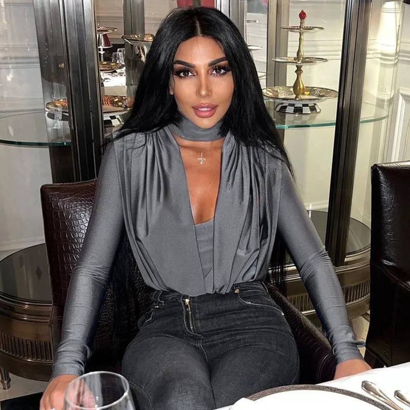BornToGirl Sexy Slim Bodysuit Women Elegant Black Red Green Long Sleeve V Neck One Pieces Bodysuits Jumpsuit Tops Body Suit Y2K