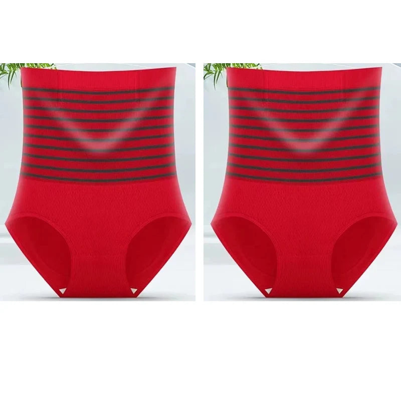 2pcs Women No Trace High Waist Shaping Briefs Body Shaper Slimming Underwear Butt Lifter Control Panties Stripe Shapewear Pants