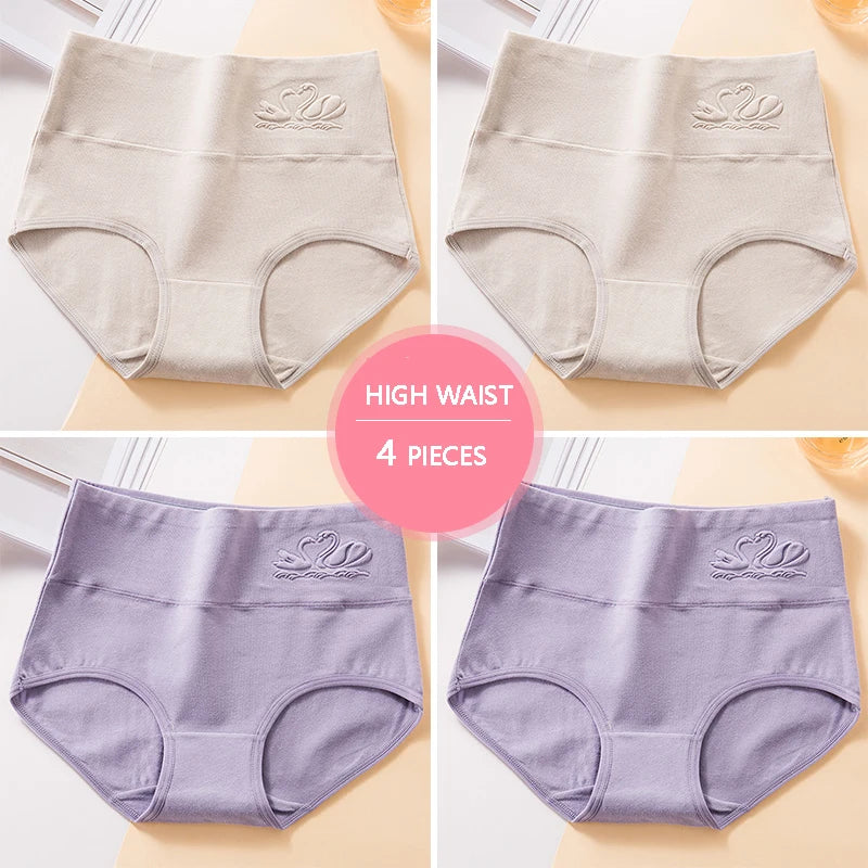 Plus Size M-5XL 4Pcs/Set High Waist Cotton Panties Women Body Shaper Underwear Soft Print Girls Briefs Slimming Female Lingerie