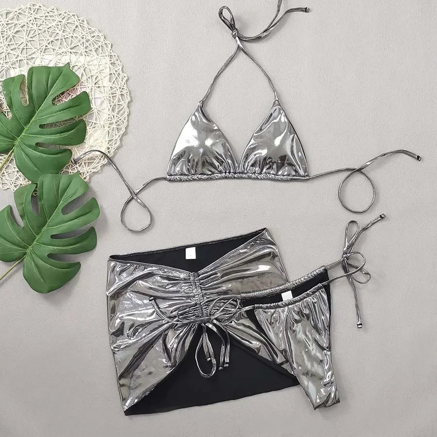 Shiny Golden Silver 3 Piece Bikini Set with Cover Up Sexy Micro Thong Swimsuit Women 2025 Drawstring Halter Swimwear Beachwear