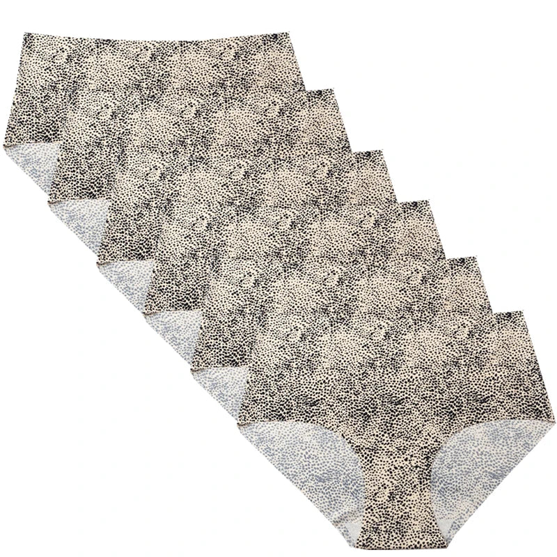 6pcs Women's Seamless Ice Silk Panties Female Mid Waist Plus Size Leopard Print Underwear Girls Fashion Brief Lady Comfort Panty