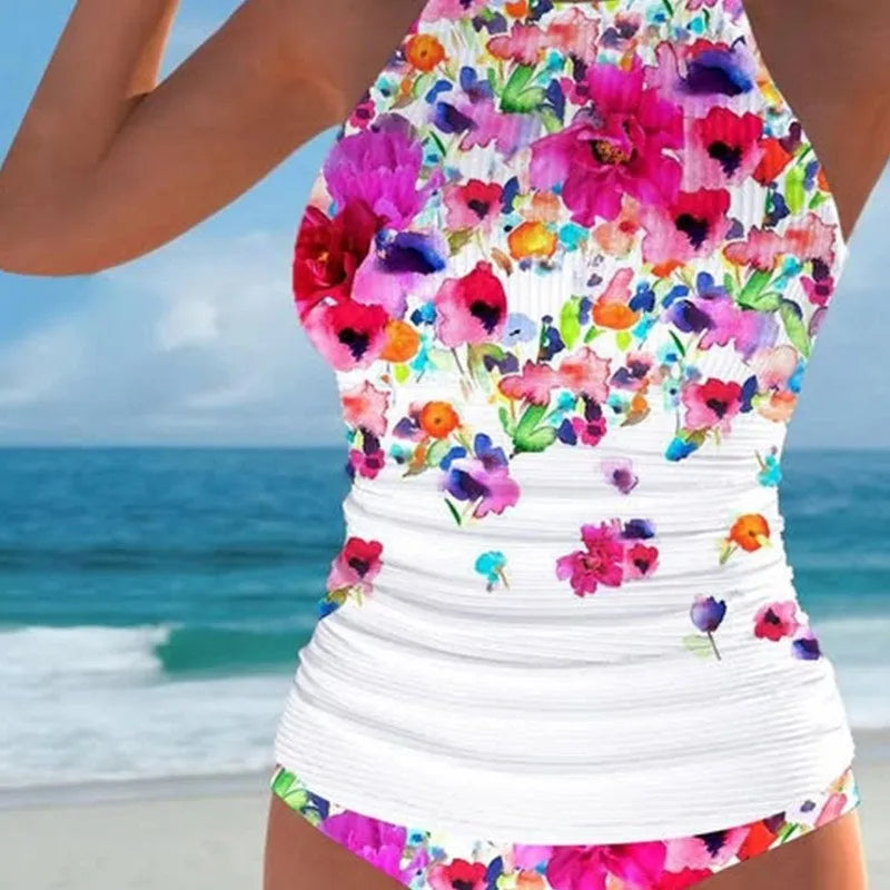 2025 Floral Printed Bikini Set Tummy Control High Waist Bottom & Triangle Vest Top Women's Sexy Swimwear for Beach & Pool Shirts