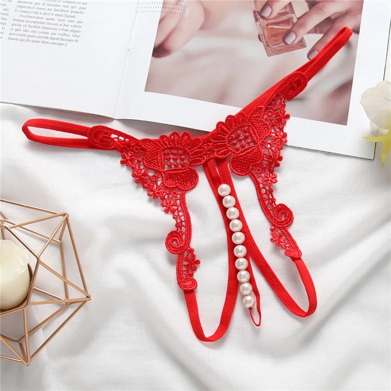 Women Sexy Underwears Female Transparent Hollow Out Temptation Pearl Massage Open File Thong Thin Perspective Embroider T-shaped