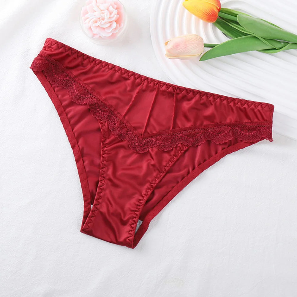 Lace Women Underpants Elegant Floral Lace Trim Low-waist Women's Panties for Daily Wear Honeymoon Wedding Night Silky