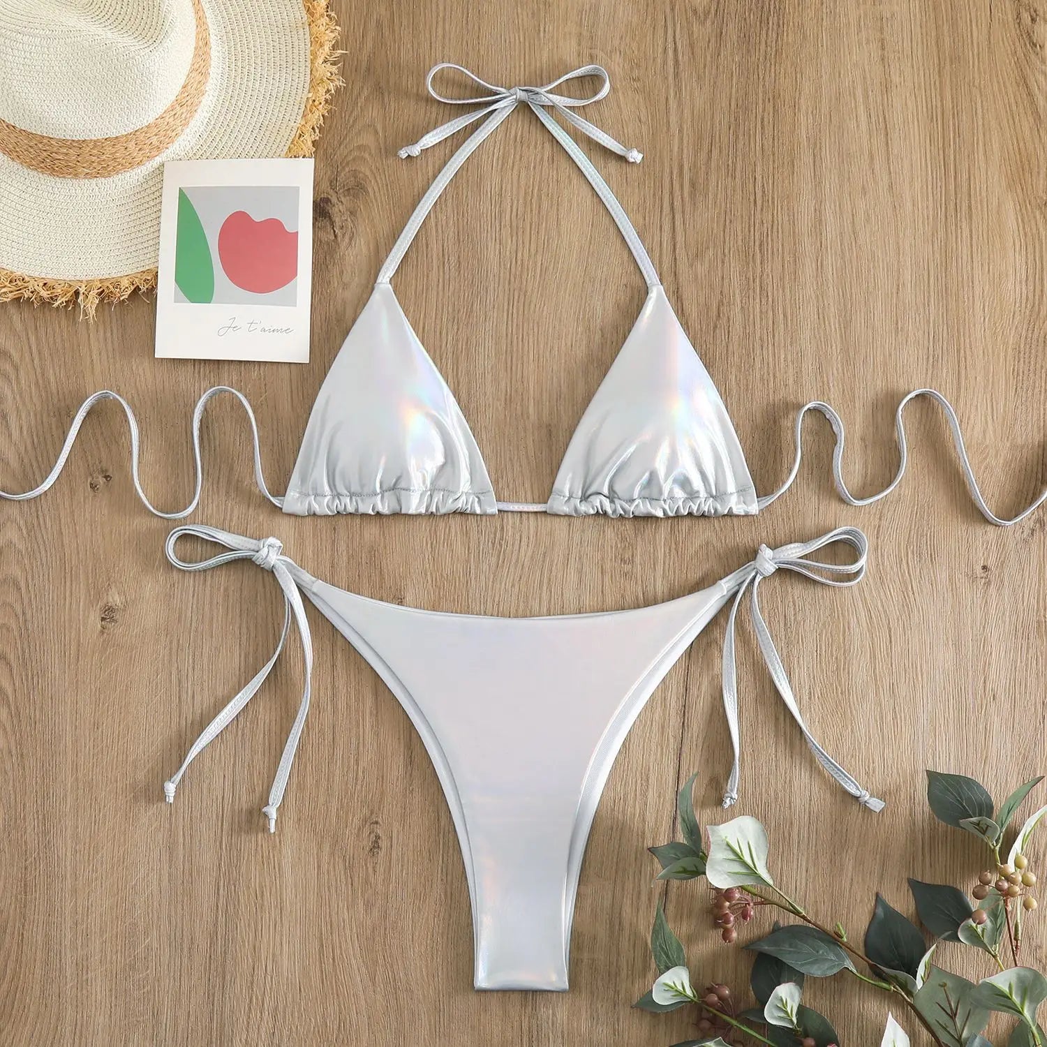 sexy metallic string halter micro mini bikini sets two pieces 2024 women thong swimsuit female bathing suit swimwear biquini