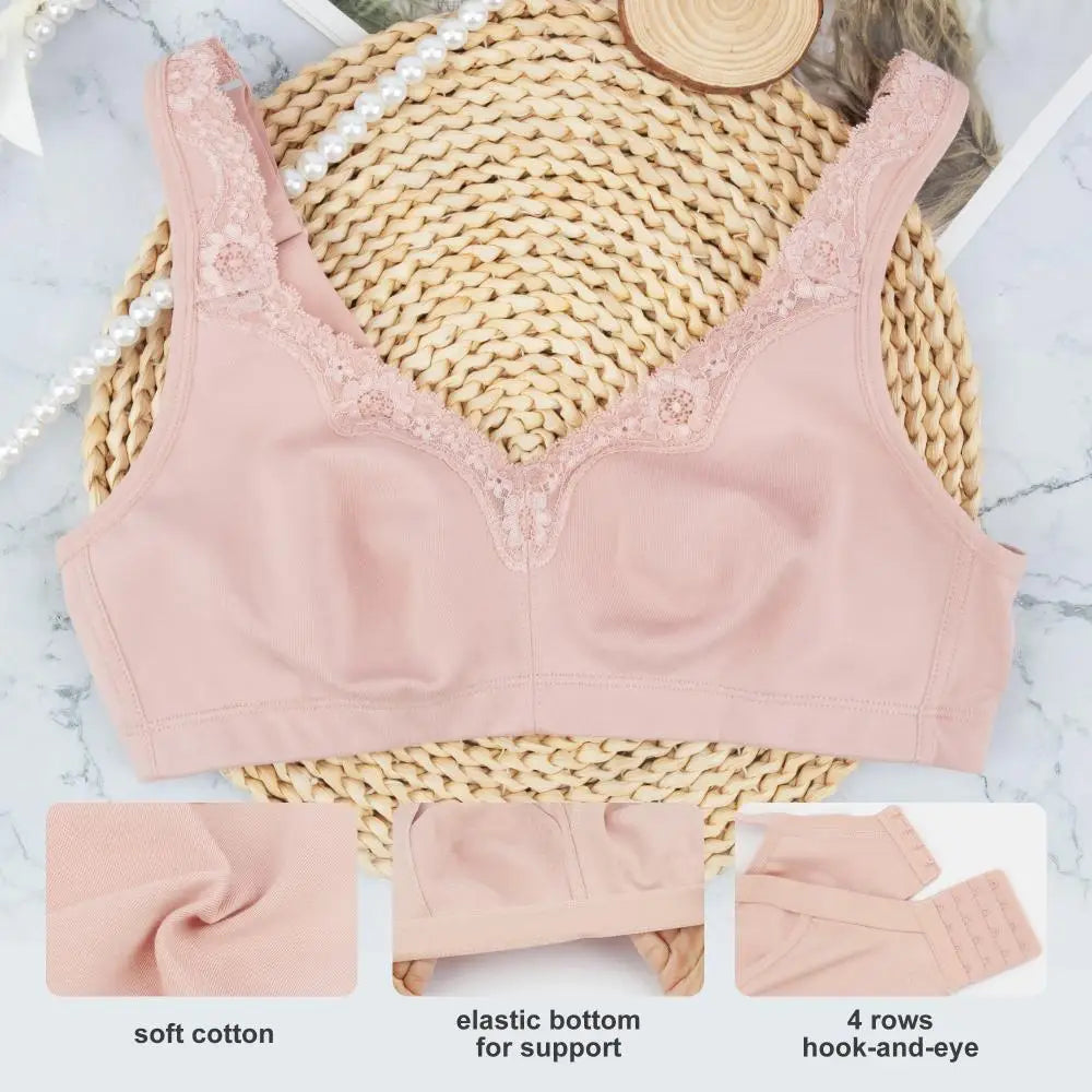 Women's Plus Size Floral Lace Cotton Bra Wire-Free Non-Foam Comfort Wide Straps Full Coverage Sleep Underwear Soft & Breathable