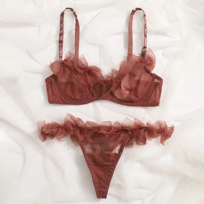 Sexy Lingerie Tulle Bowknot Bra Set Women See Through Lingerie Romantic Bilizna Set Three-Point Intimate Outfit Sexy Underwear