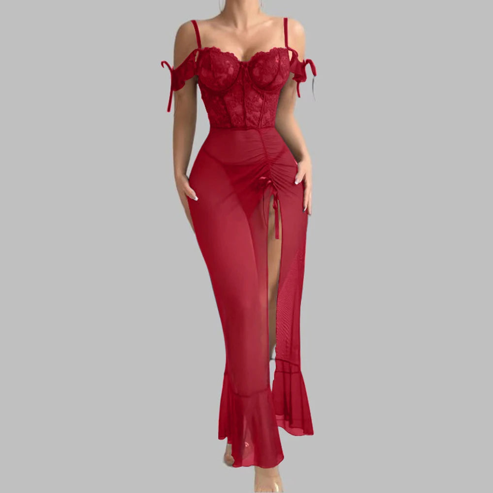 Ladies V Neck Sleepwear Set with Spaghetti Straps Lace Up Front and Sheer Mesh Fabric with Slit Includes Nightdress and Panties