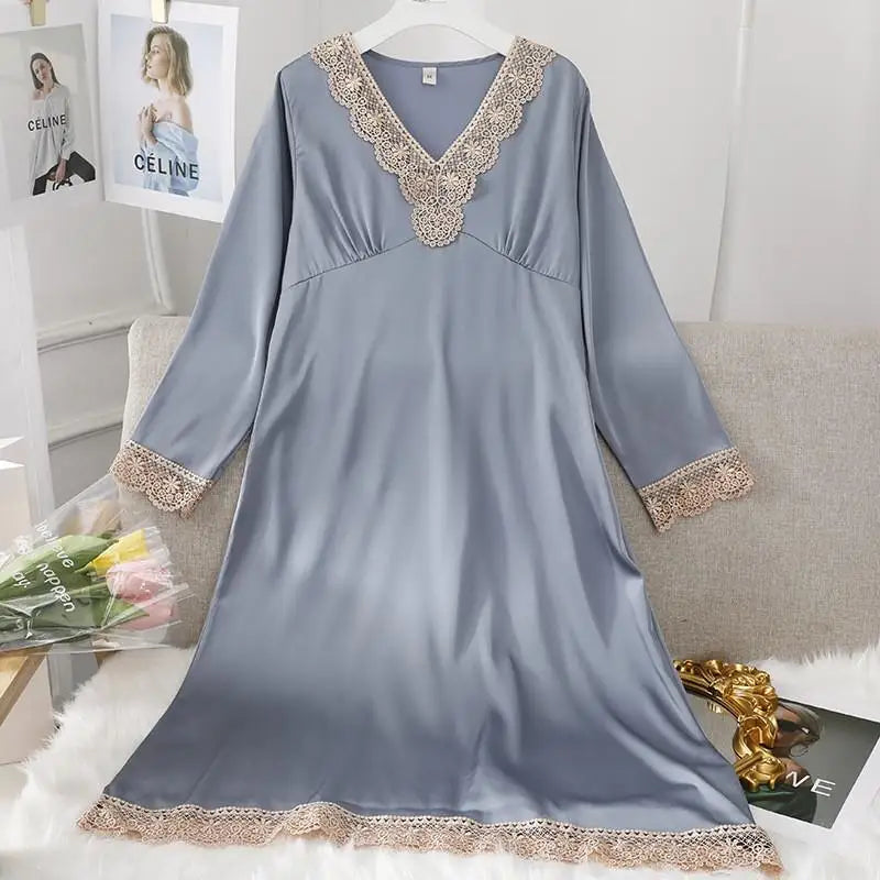Female Long Nightdress Sexy Hollow Lace Sleepwear Home Dress Palace Style Princess Nightgown Nightwear Casual Satin Loungewear