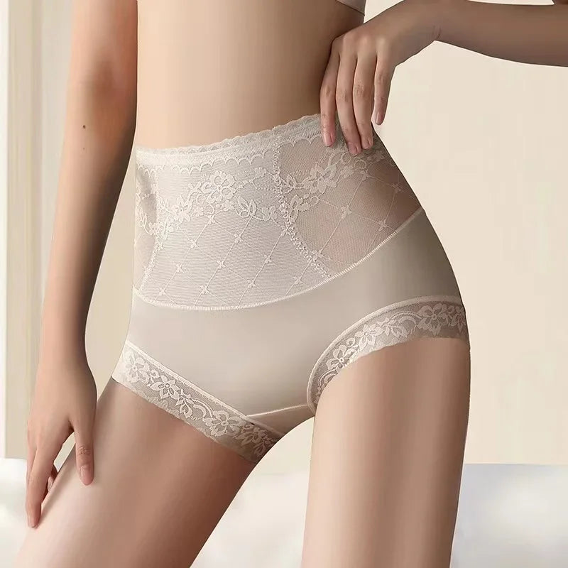 Women High Waist Knicker Briefs Tummy Control Panties Underwear Sheer Lace See Though Underpants Breathable Comfy Lingerie