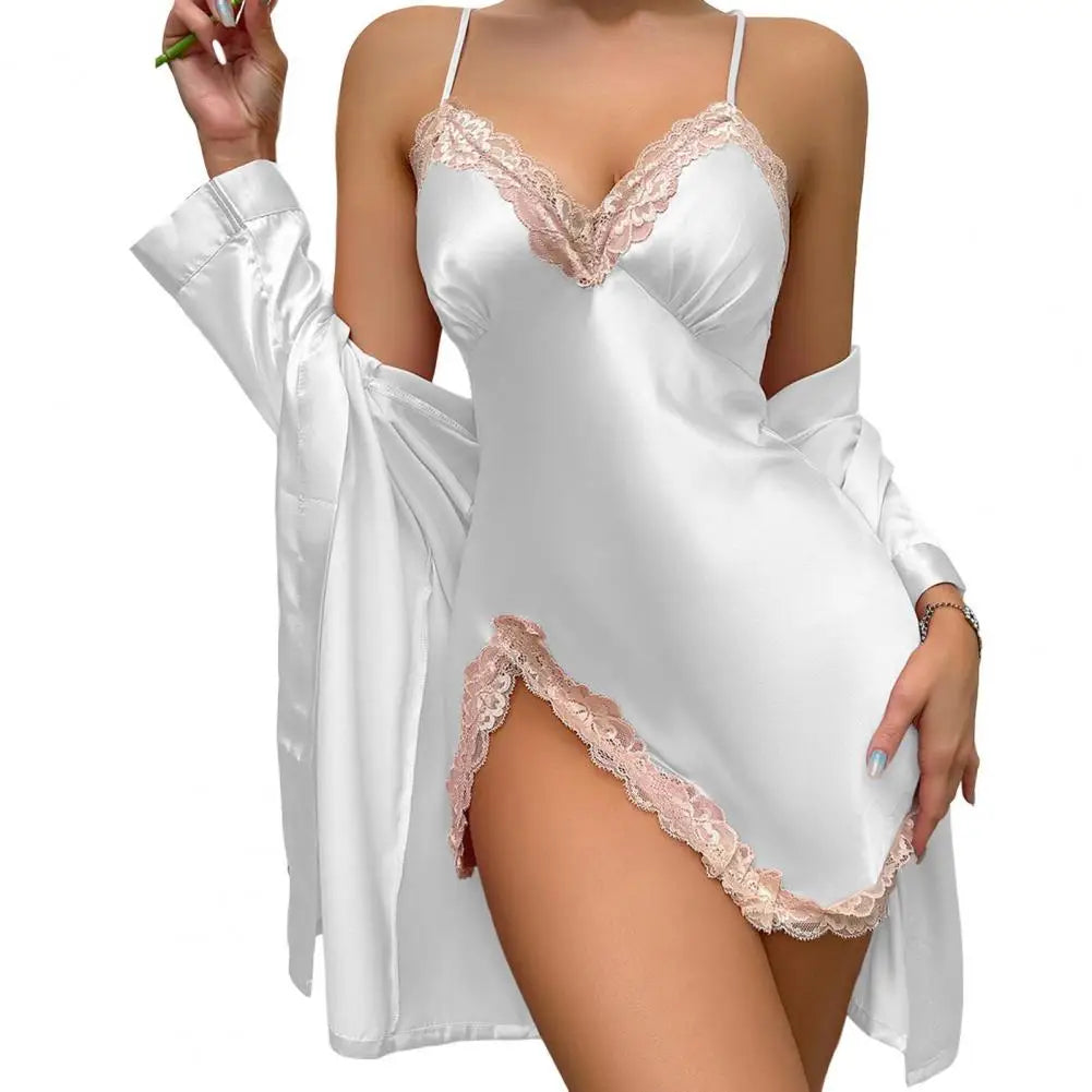 Sexy Women's Satin Silky Pajama Sets Lace Nightgown with Robe Set Cami Mini Nightdress 2 Piece Suit Chemise Sleepwear