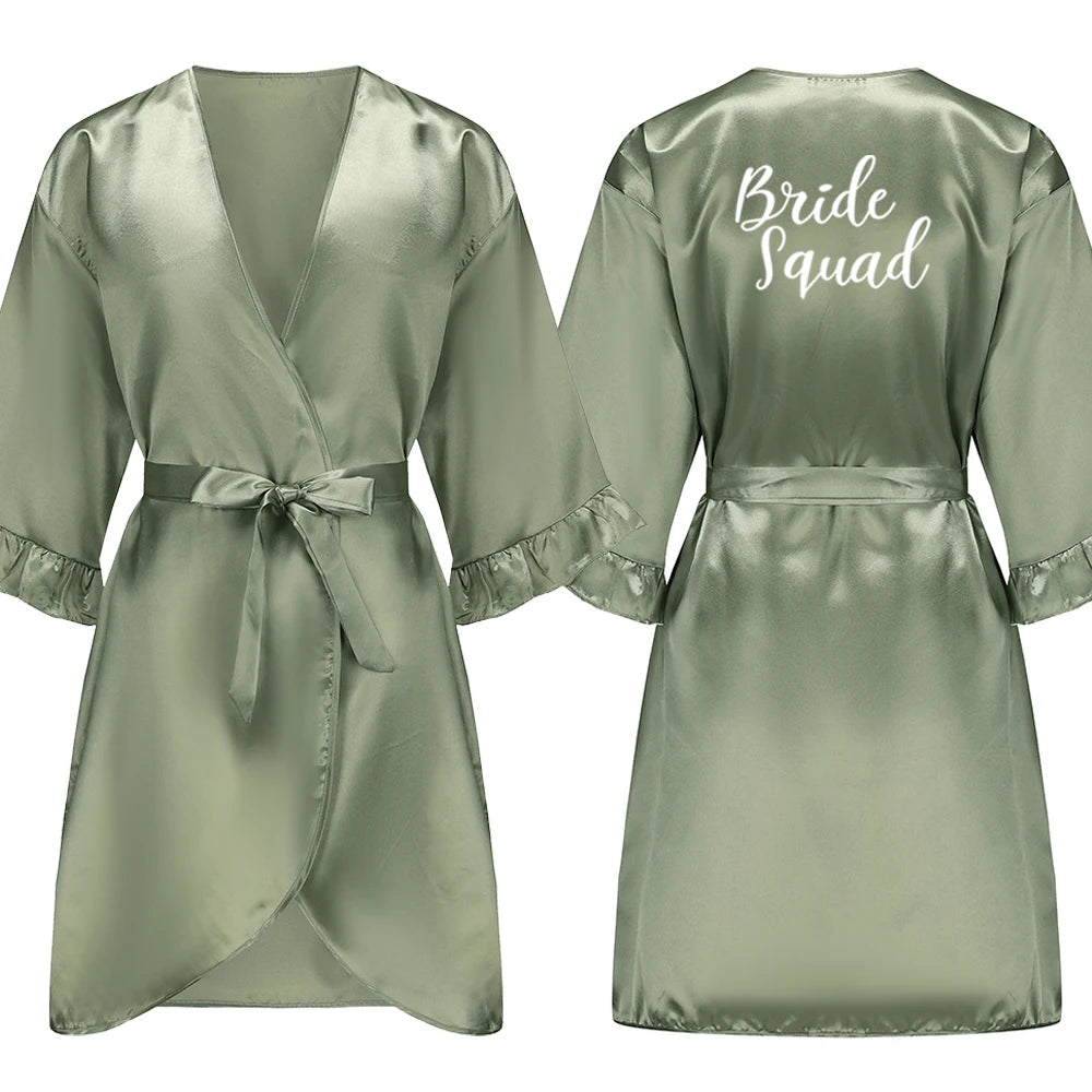 Grass Green Bride Satin-Silk Robe Women Bridal Party Sister Team Mother Shower Gift Bridesmaid Wedding Short Robes with Ruffle