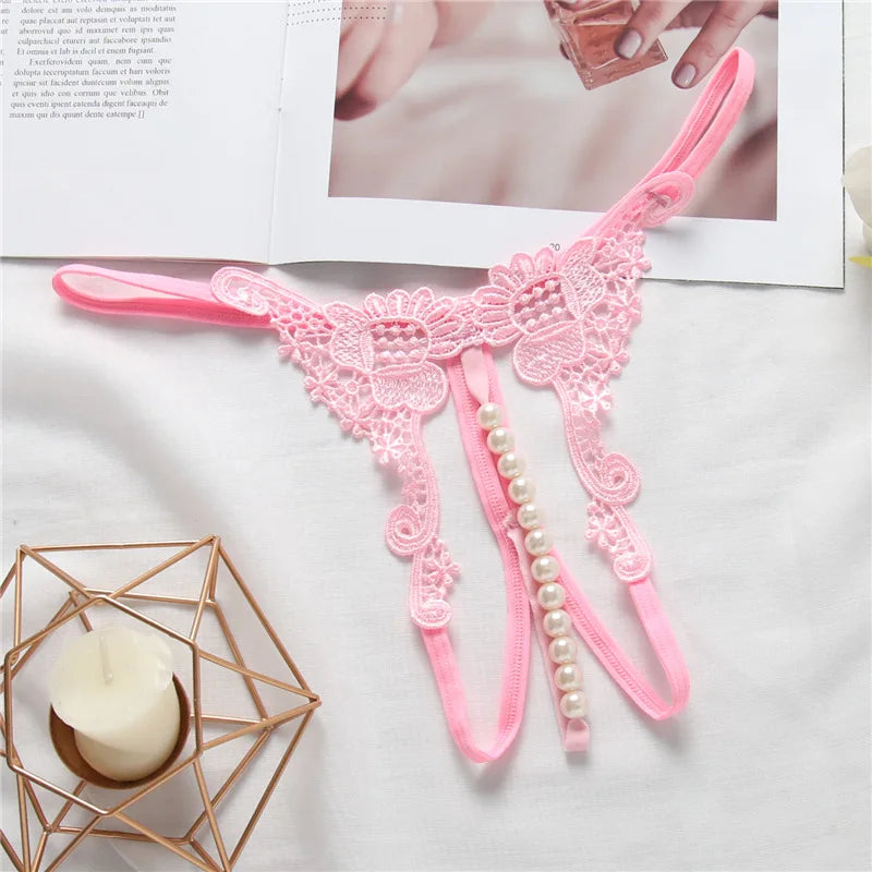 Women Sexy Underwears Female Transparent Hollow Out Temptation Pearl Massage Open File Thong Thin Perspective Embroider T-shaped