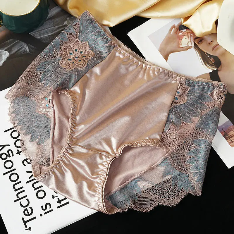 New Women Lace Flowers Panties Sexy Hollow Temptation Silk Breathable Underwear Tummy Mid Waist Butt Lift Briefs Intimate Panty