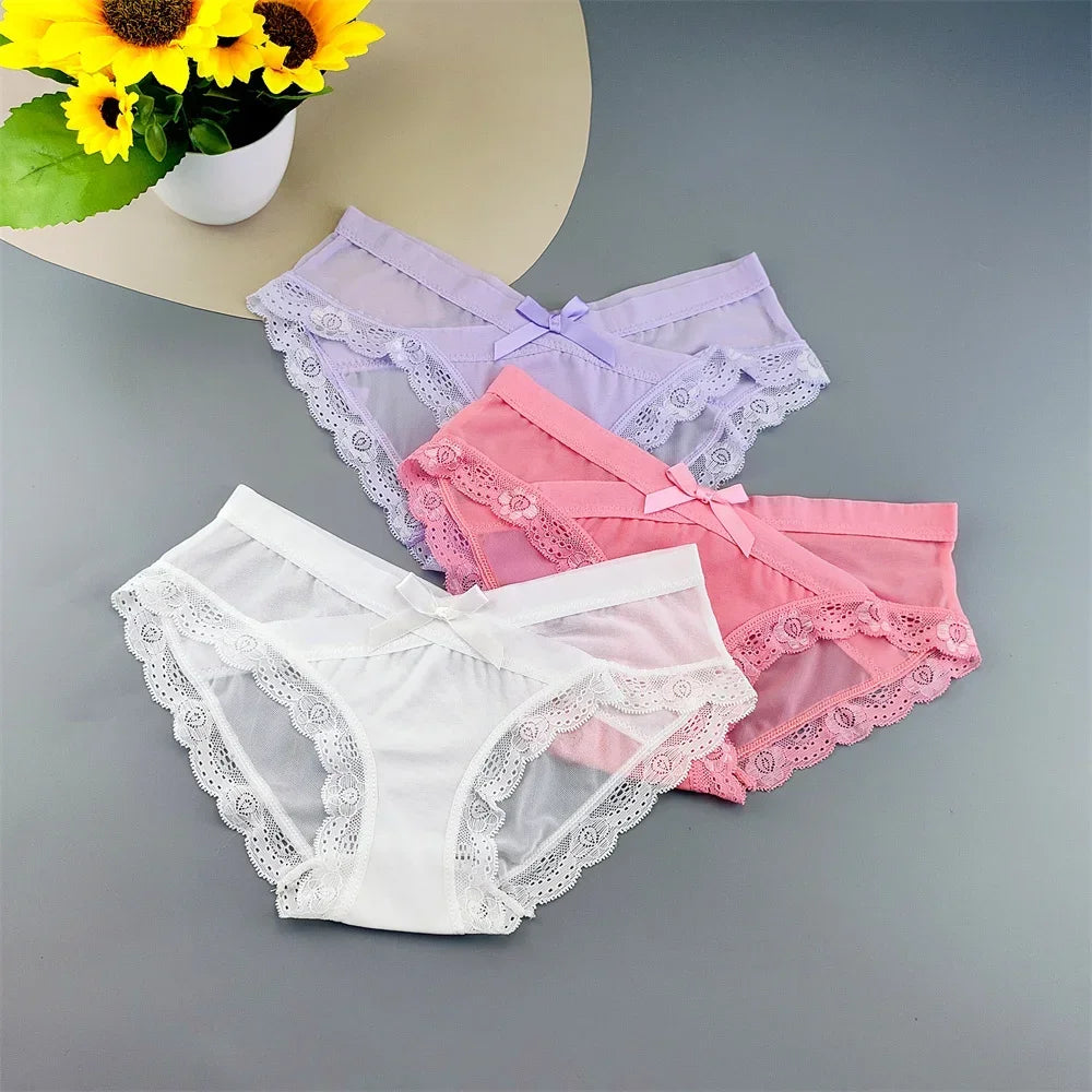 3 Pieces Hot Comfortable Mesh Briefs Women Sexy Seamless Lace Trim Underwear Cute Bow Ladies Breathable Briefs Plus Size