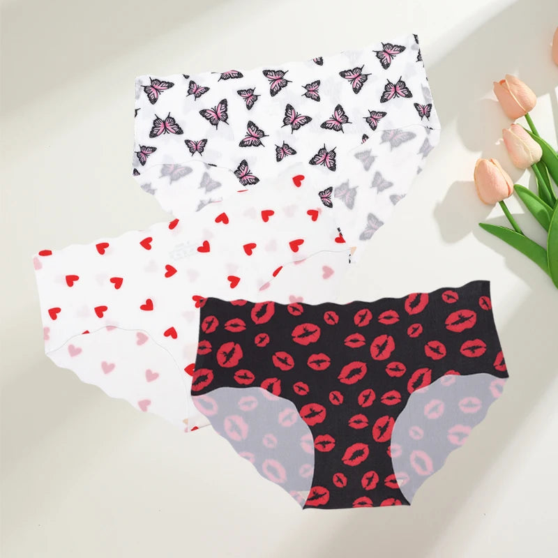 FINETOO 3Pcs Seamless Print Underwear for Women Sexy Leopard Butterfly Briefs Female Ice Silk Panties Comfortable Lingerie S-XXL