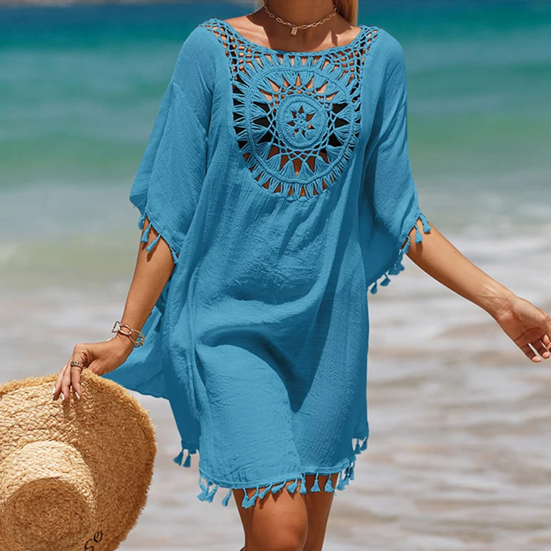 Holiday Knitting Crochet Beach Short Cover Ups Dress Splicing Solid Color Beachwear Small Tassel Sunscreen Sexy Beach Smock