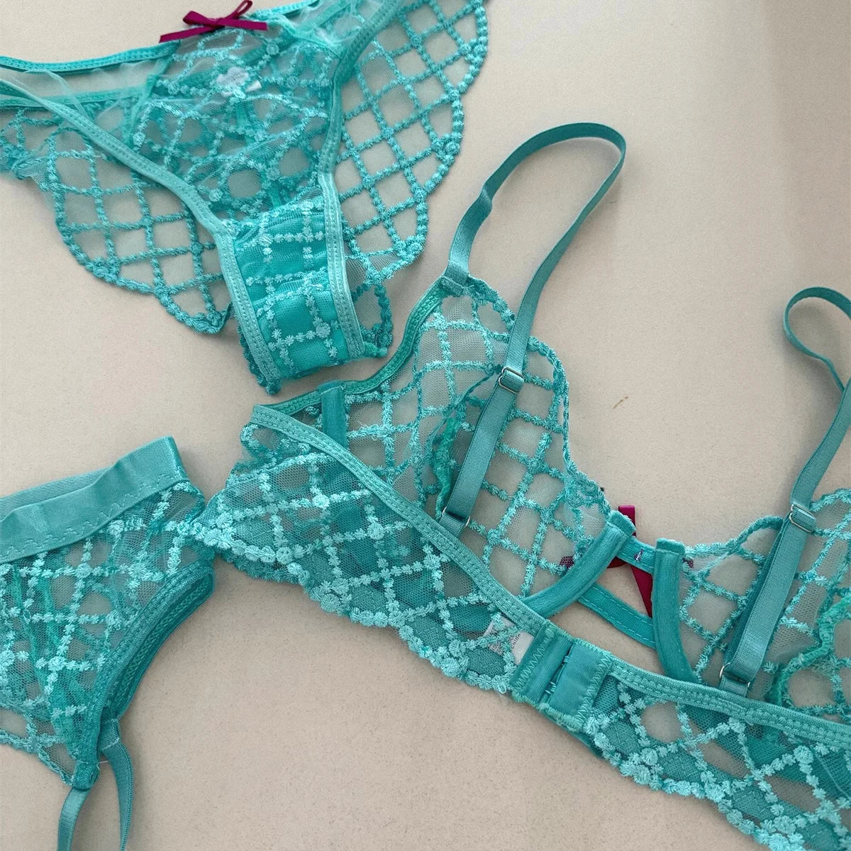 Bra + Panties + Garter, Lace Ultrathin Transparent Push Up Women Sexy Sleep Underwear Sets Lattice Push Up Young Girls Blue
