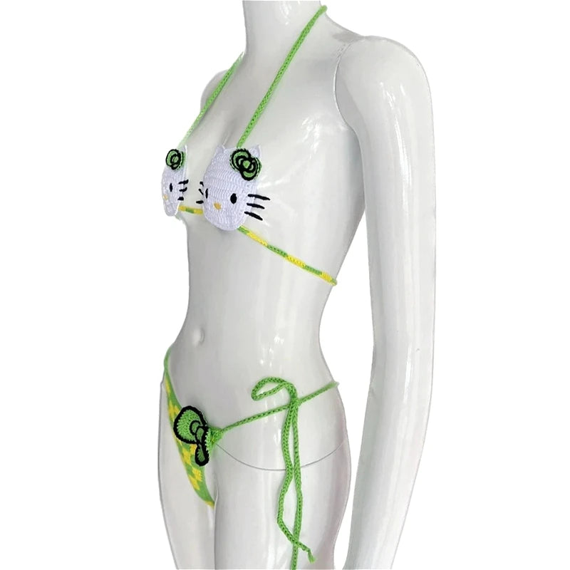 Sanrio Cute Bikini Set Crochet Girls Swimsuit Hello Kitty Sexy Bathing Suit Kwaii Women Swim Suit Bandage Micro Bikinis Swimwear