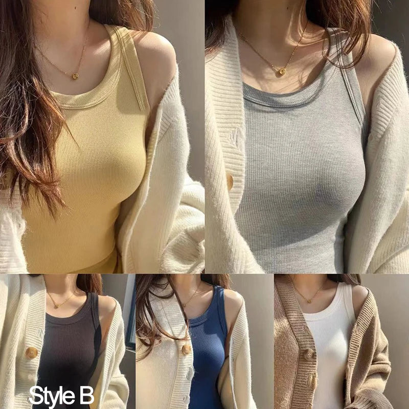Women Solid Basic T-shirts Summer Vest Bra Tops With Pad Streetwear Y2K Elastic Rib-Knit Sleeveless Casual Tank Tops Female