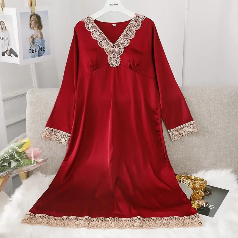 Female Long Nightdress Sexy Hollow Lace Sleepwear Home Dress Palace Style Princess Nightgown Nightwear Casual Satin Loungewear