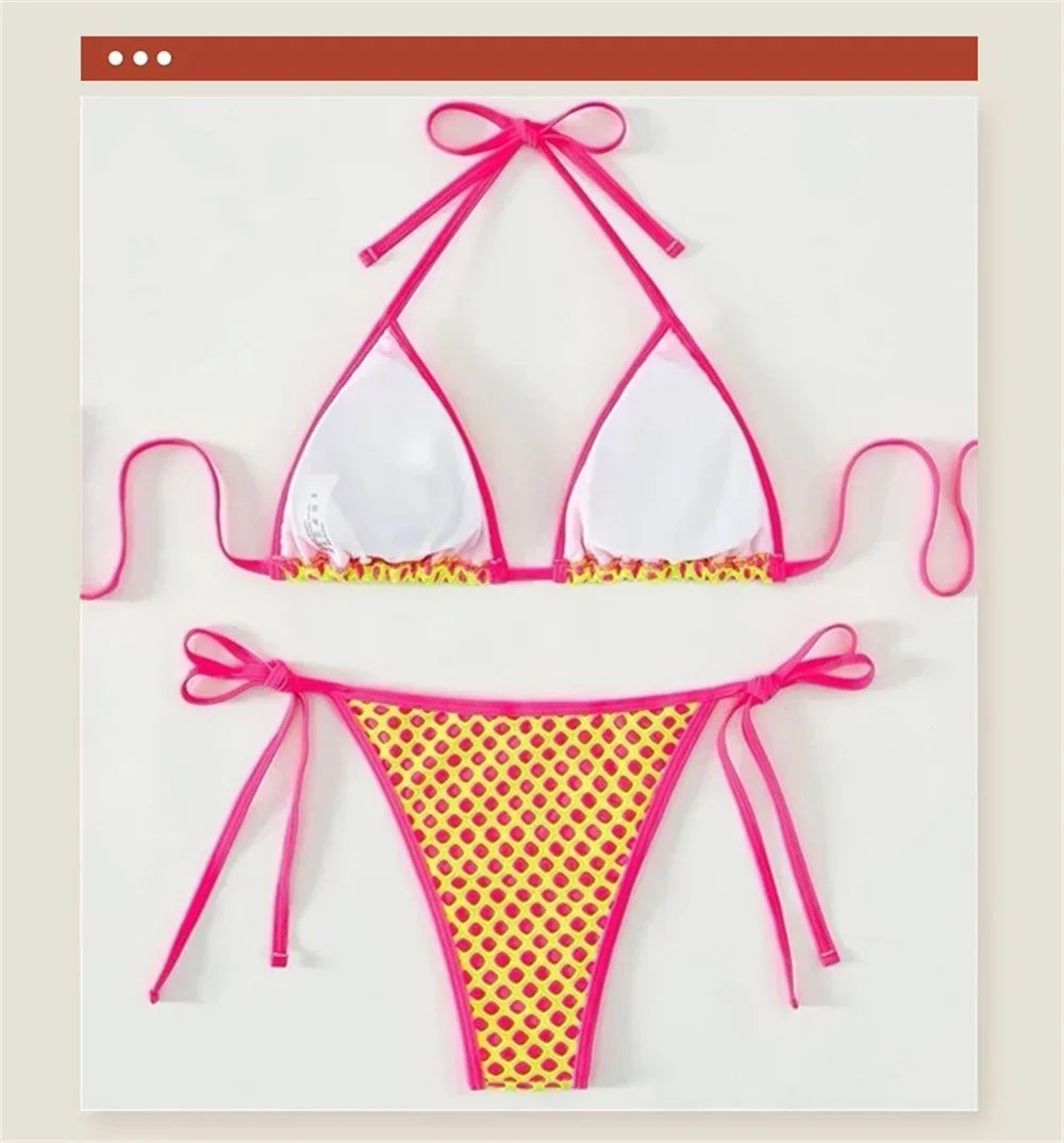 Y2K Holes String Bikini Thong Halter Backless Sexy Triangle Mesh Swimsuit Vacation Swimwear Push Up Women Beachwear Bathing Suit