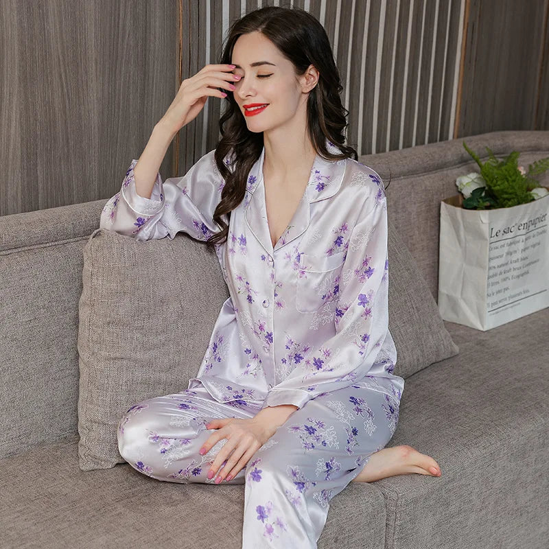 Birdtree Fall 16MM 100%Real Silk Pajama Set Women Satin Print Pyjama Pj Suit Long Sleeve Bedroom Sleepwear Set P36637QC