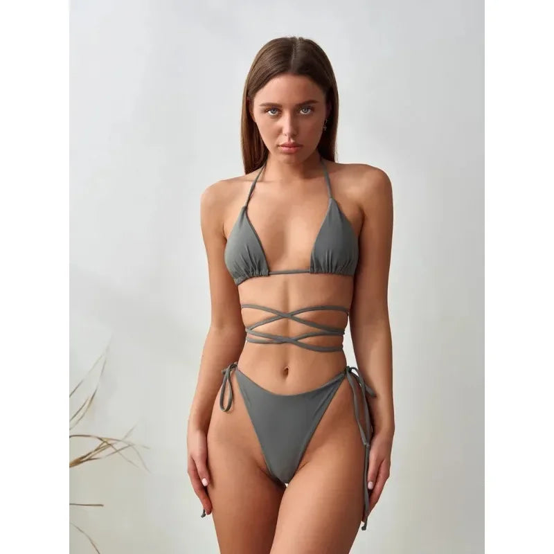 Sexy Women's Strappy Bikini Solid Color Beach European American Style Fashionable Swimsuit for Women Summer Fashion Beach Style