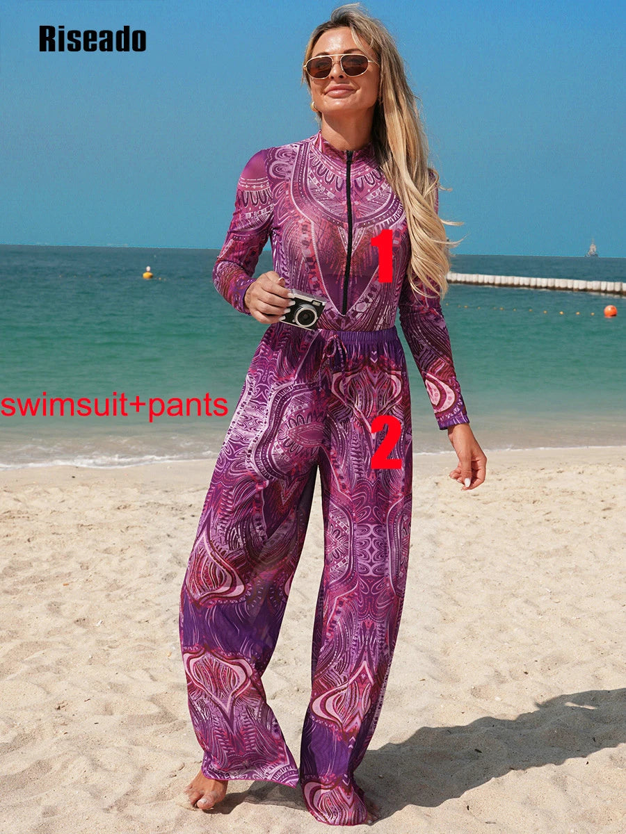 Riseado Mesh Swimsuit with Long Pants & Swimdress Long Sleeve Mesh Beachwear Sexy High Waist Bathing Suit Smart Beach Clothing
