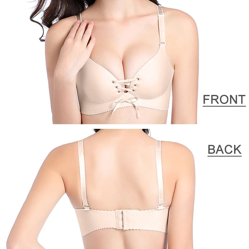 Women Push Up Bra Sexy Wire Free Lingerie Seamless Brassiere Intimates Underwear Female Deep V Bowknot Bralette Bra