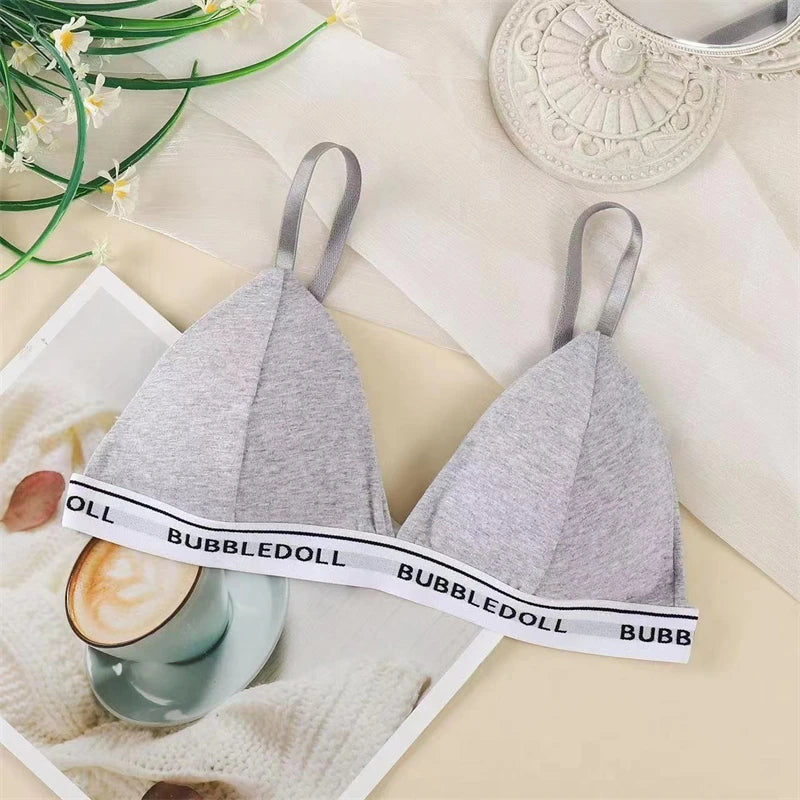 FINETOO Women Cotton Triangle Cups Bra Sexy Deep V Padded Brassiere Female Small Size Underwear Letter Push Up Lingerie Bralette